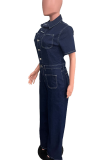 Blue Casual Solid Color Pocket Buttons Patchwork Turndown Collar Short Sleeve Regular Denim Jumpsuits