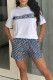 White Casual Letters Pocket Patchwork Contrast O Neck Short Sleeve Two Pieces