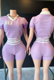 Pink Casual Digital Patchwork V Neck Short Sleeve Two Pieces