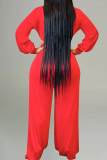 Red Casual Solid Color Hollow Out Patchwork Deep V Neck Loose Jumpsuits