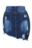 Dark Blue Sexy Patchwork Ripped Mid Waist Regular Denim Skirts