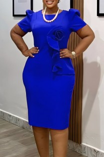 Royal Blue Casual Solid Color Flowers O Neck Short Sleeve Short Sleeve Dress