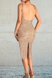 Apricot Sexy Solid Color Backless Slit Hot Drill Spaghetti Strap Sling Dresses