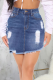 Dark Blue Sexy Patchwork Ripped Mid Waist Regular Denim Skirts