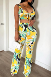 Yellow Casual Print Patchwork Regular Mid Waist Full Print Bottoms