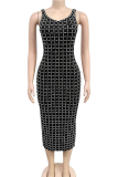 Apricot Sexy Solid Color Backless Slit Hot Drill Spaghetti Strap Sling Dresses