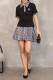 Black Elegant Letters Embroidered Patchwork Contrast Turndown Collar Short Sleeve Two Pieces