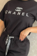 Black Casual Letters Draw String Patchwork Pearls Decor O Neck Short Sleeve Two Pieces