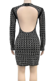 Apricot Sexy Solid Color Hollow Out Backless Hot Drill O Neck Wrapped Skirt Dresses