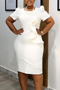White Casual Solid Color Flowers O Neck Short Sleeve Short Sleeve Dress
