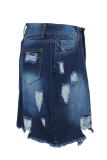 Dark Blue Sexy Patchwork Ripped Mid Waist Regular Denim Skirts