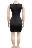 Black Sexy Solid Color Patchwork Hot Drill O Neck Wrapped Skirt Dresses
