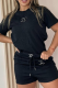 Black Casual Letters Embroidered Draw String Pocket O Neck Short Sleeve Two Pieces