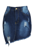 Dark Blue Sexy Patchwork Ripped Mid Waist Regular Denim Skirts