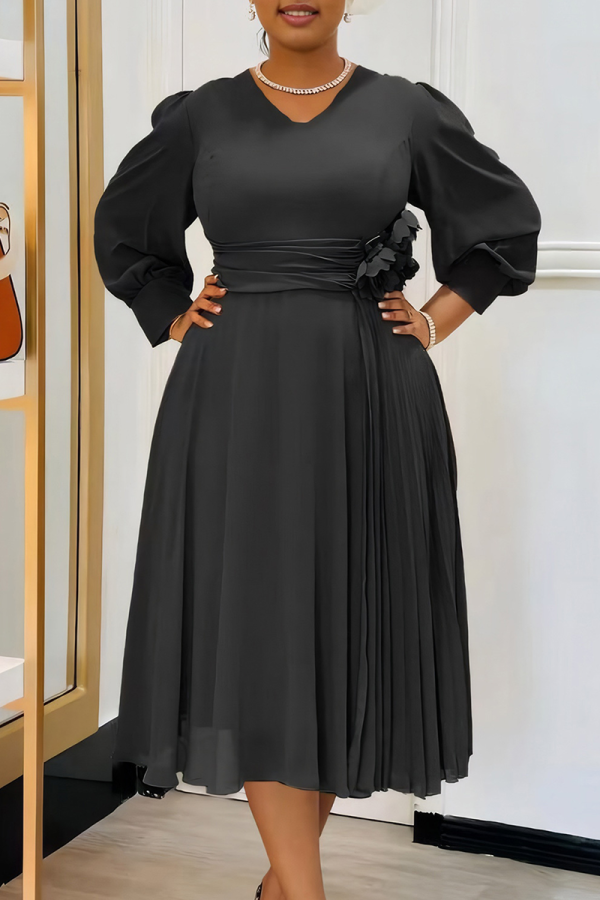 Black Elegant Solid Color Patchwork Ruched Flower Shape V Neck Long Dresses