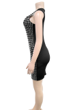 Black Sexy Solid Color Patchwork Hot Drill O Neck Wrapped Skirt Dresses