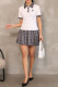 White Elegant Letters Embroidered Patchwork Contrast Turndown Collar Short Sleeve Two Pieces