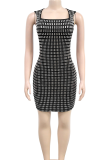 Black Sexy Solid Color Patchwork Hot Drill O Neck Wrapped Skirt Dresses