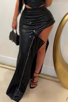 Black Sexy Solid Color Buttons Patchwork Irregular Patchwork Bottoms