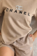 Camel Casual Letters Draw String Patchwork Pearls Decor O Neck Short Sleeve Two Pieces