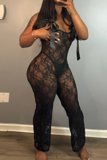 Black Sexy Solid Color Patchwork Strap Design Spaghetti Strap Skinny Jumpsuits