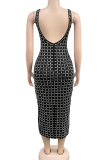 Apricot Sexy Solid Color Backless Slit Hot Drill Spaghetti Strap Sling Dresses