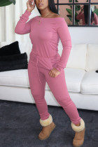 Pink Sweet Solid With Belt Bateau Neck Straight Jumpsuits