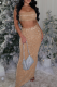 Apricot Sexy Solid Color Patchwork Slit Hot Drill Strapless Sleeveless Two Pieces