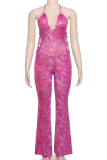 Rose Red Sexy Print Patchwork Backless Cross Straps Spaghetti Strap Skinny Jumpsuits