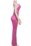 Rose Red Sexy Print Patchwork Backless Cross Straps Spaghetti Strap Skinny Jumpsuits