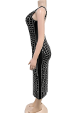 Apricot Sexy Solid Color Backless Slit Hot Drill Spaghetti Strap Sling Dresses