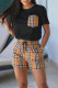 Black Casual Plaid Draw String Patchwork Contrast O Neck Short Sleeve Two Pieces