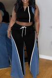 Black Casual Lace Up Zipper Contrast Zipper Collar Sleeveless Two Pieces
