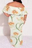 Baby Blue Sexy Floral Print Flounce Off Shoulder Printed Plus Size Dresses