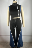 Black Casual Lace Up Zipper Contrast Zipper Collar Sleeveless Two Pieces