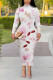 Pink Elegant Floral Print Contrast Turtleneck Printed Dresses