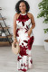 Burgundy Sexy Floral Print Contrast O Neck Printed Dresses