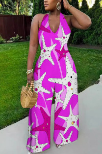 Rose Red Sexy Geometric Print Tiger Stripes Pocket Backless Contrast Halter Loose Jumpsuits