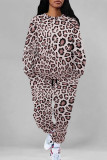 Green Casual Leopard Print Pocket Contrast O Neck Long Sleeve Two Pieces