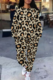 Green Casual Leopard Print Pocket Contrast O Neck Long Sleeve Two Pieces