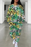Green Casual Leopard Print Pocket Contrast O Neck Long Sleeve Two Pieces