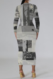 Grey Casual Colorblock National Totem Print Contrast O Neck Printed Dresses