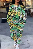 Green Casual Leopard Print Pocket Contrast O Neck Long Sleeve Two Pieces