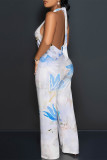 Multicolor Sexy Floral Print Pocket Backless Halter Loose Jumpsuits