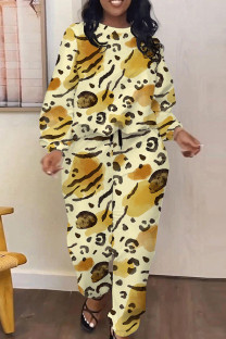 Golden Yellow Casual Leopard Print Pocket Contrast O Neck Long Sleeve Two Pieces
