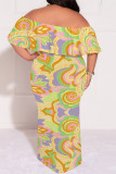 Baby Blue Sexy Floral Print Flounce Off Shoulder Printed Plus Size Dresses
