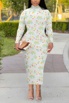 Beige Elegant Floral Print Contrast Turtleneck Printed Dresses