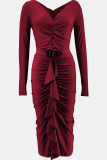Black Elegant Solid Color Patchwork Ruched Flower Shape V Neck Wrapped Skirt Dresses
