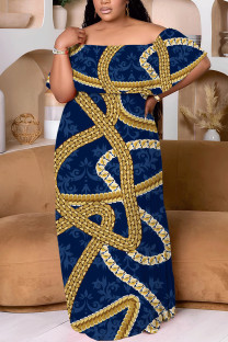 Tibetan Blue Sexy Floral Print Flounce Off Shoulder Printed Plus Size Dresses