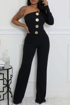 Black Casual Daily Elegant Solid Color Backless Oblique Collar Bodycon Jumpsuits